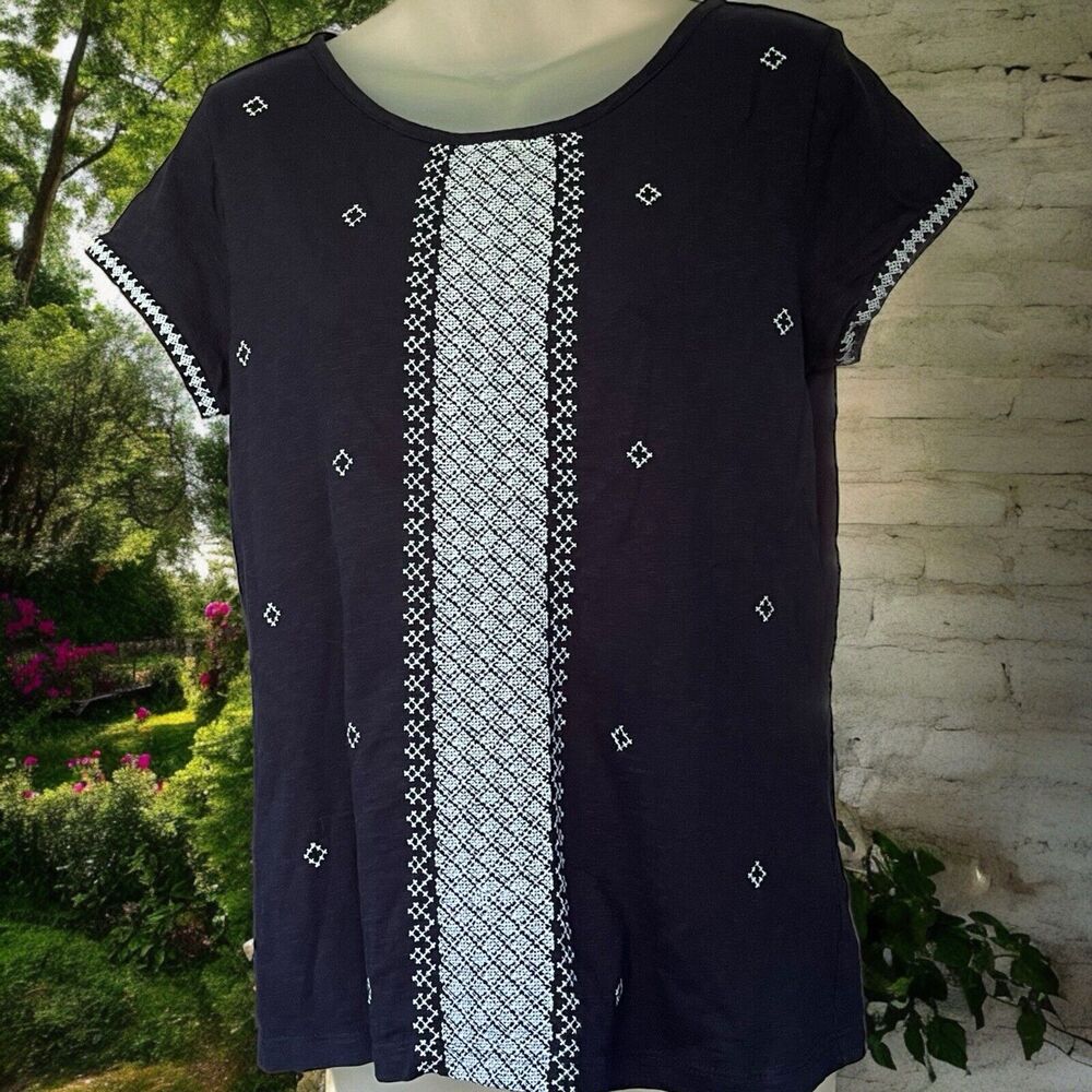 Talbots Womens Navy Cross Stitch Cotton Tee Coastal Americana Size Small Petite